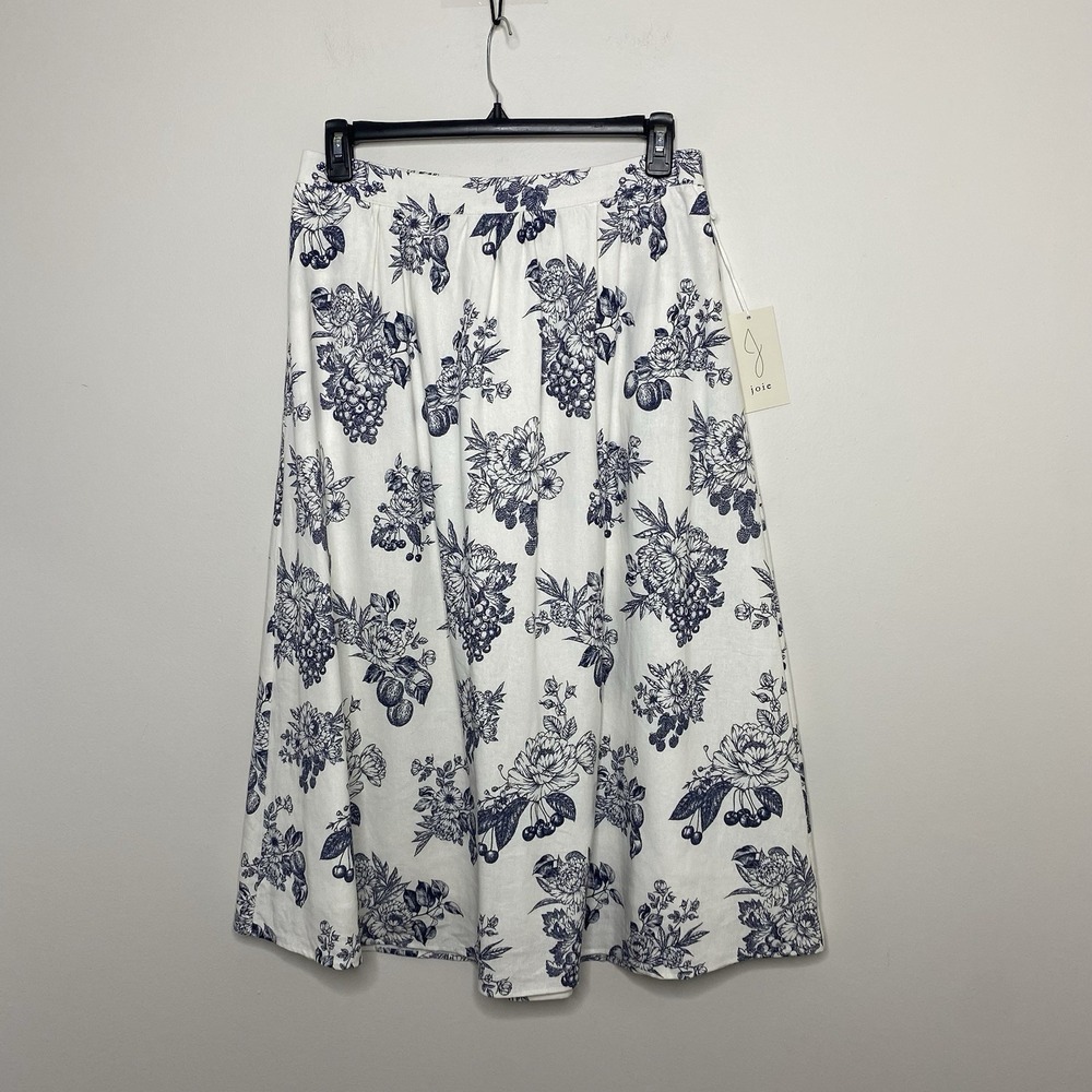 Joie Linen Blend Midi Skirt Women's Sz Large White Blue Floral Toile Print Lined